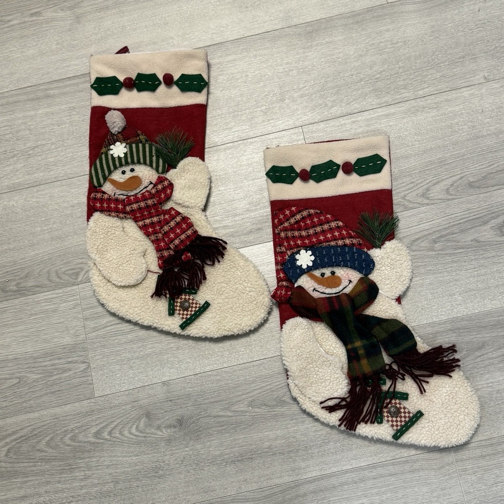 Vintage 3D Snowman Christmas Stockings Set Of 2 Grannycore Cottage Style 21"
